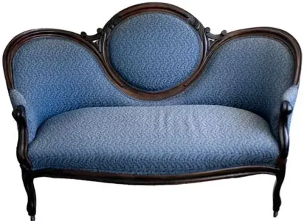 Victorian Ebonized Walnut Sofa in Blue - Fleur de Lex Antiques - Handcrafted