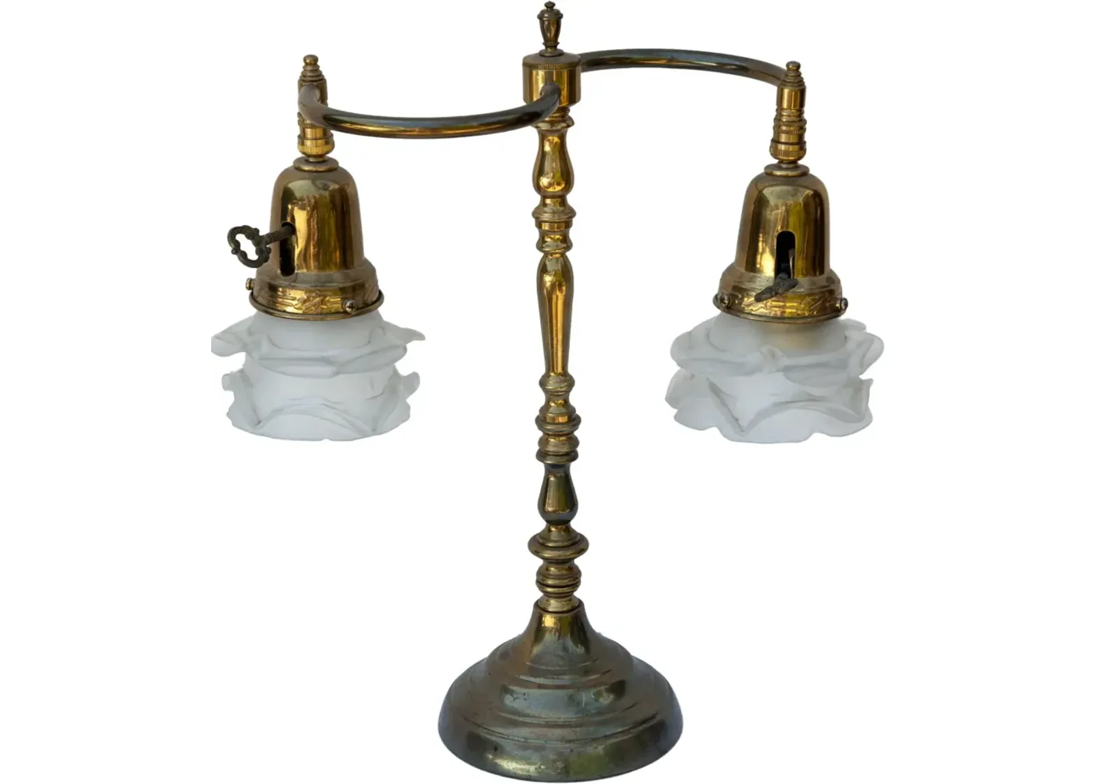 Brass Table Lamp /Satin Glass Shades - Brown