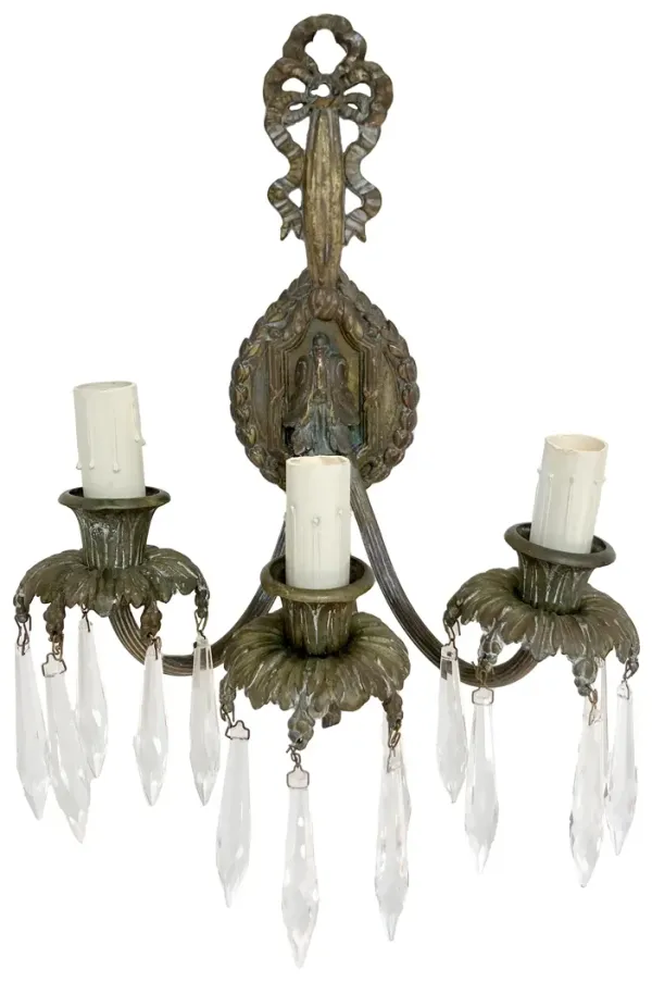 French Bronze & Crystal Wall Sconce pair - Fleur de Lex Antiques - Brown