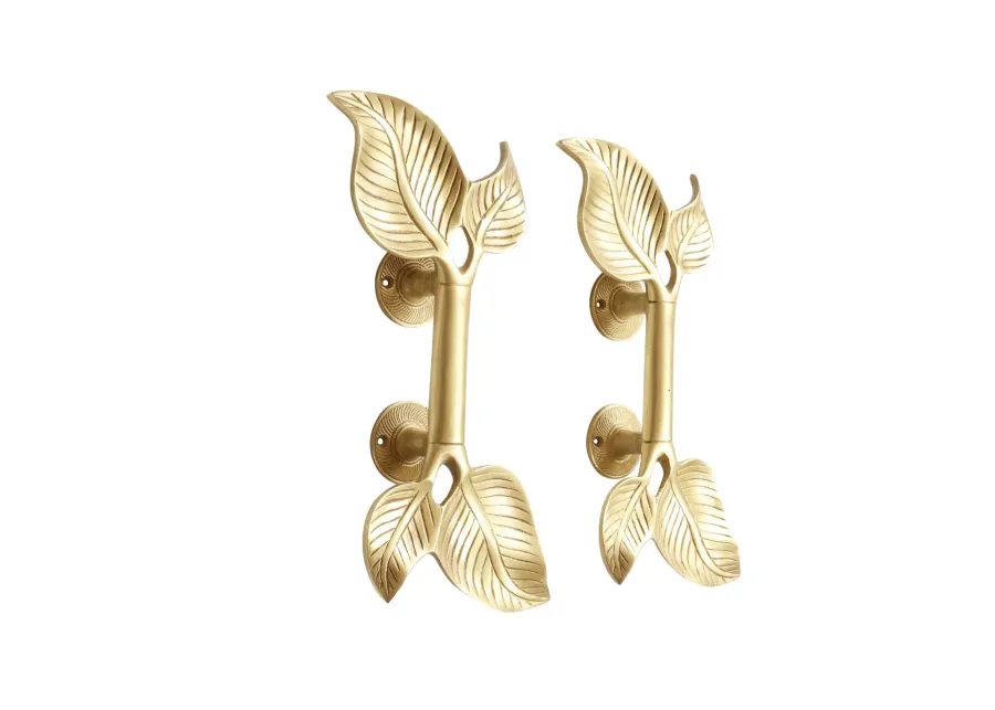 Large Brass Leaf Handles - a Pair - Gold