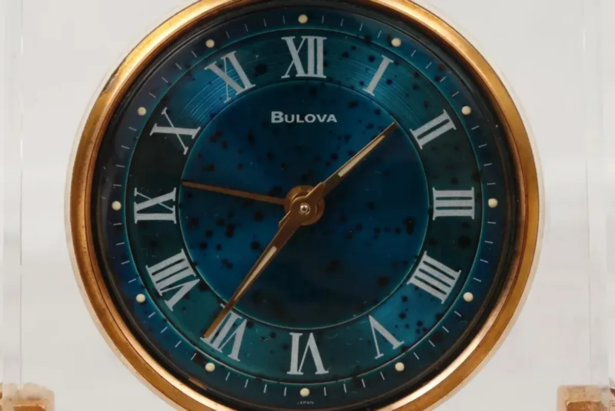 Lucite & Brass Table Clock by Bulova - Brown