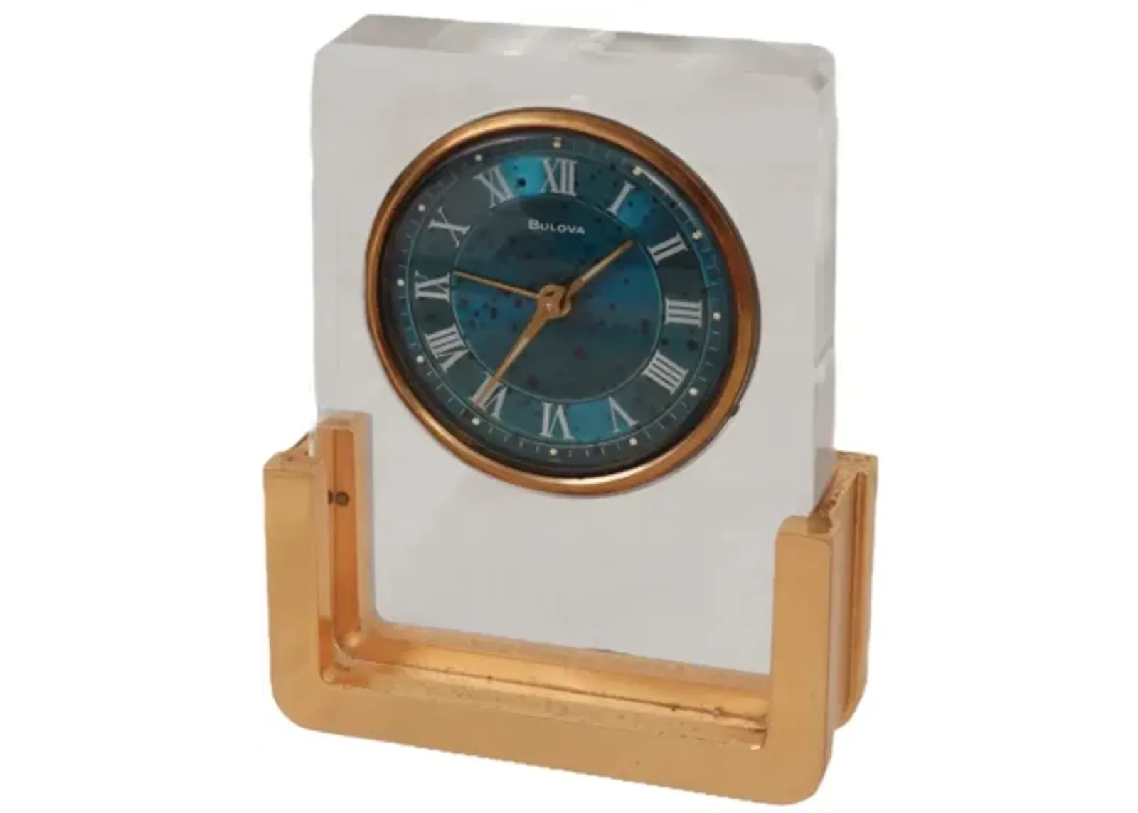 Lucite & Brass Table Clock by Bulova - Brown