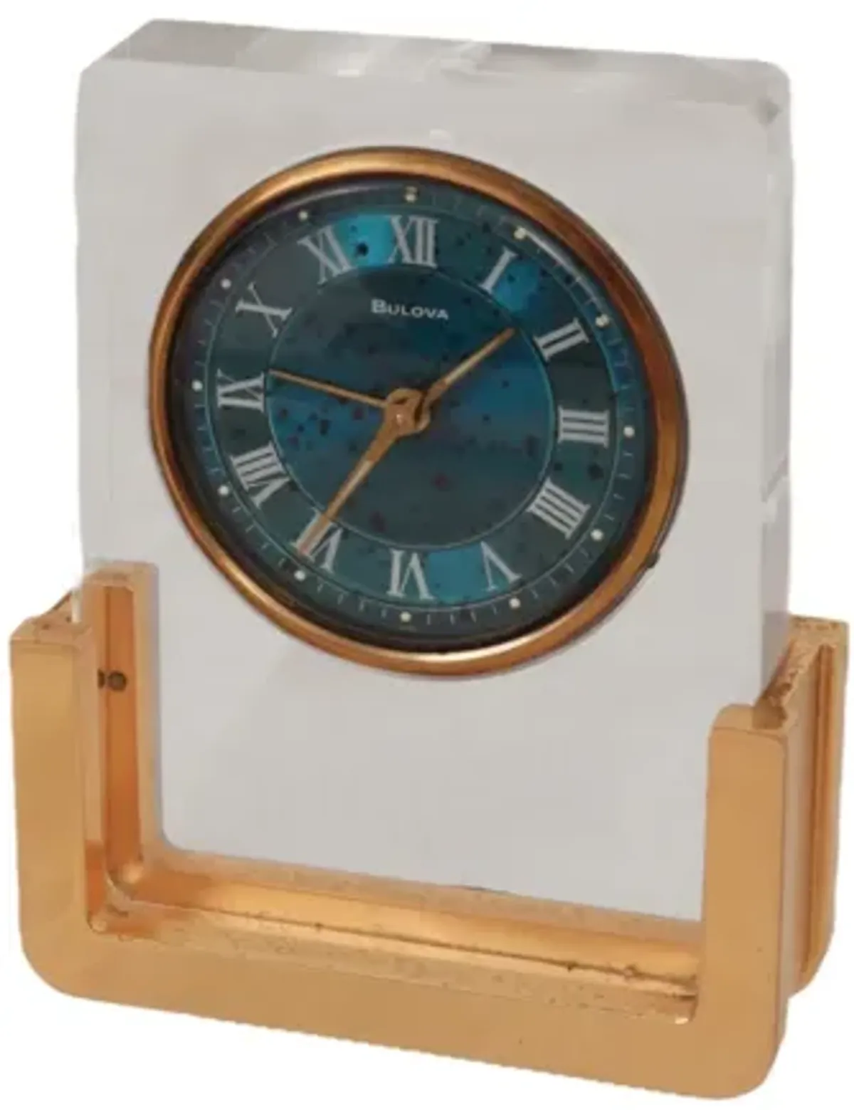 Lucite & Brass Table Clock by Bulova - Brown