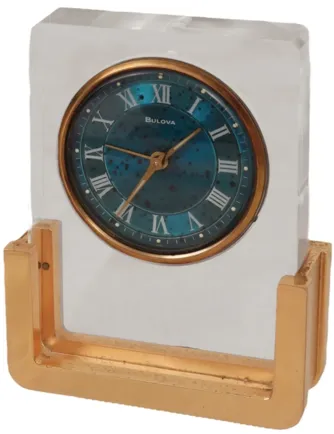 Lucite & Brass Table Clock by Bulova - Brown