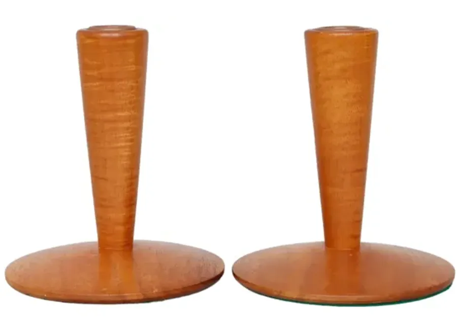 Mid Century Teak Candlestick Holders - Brown