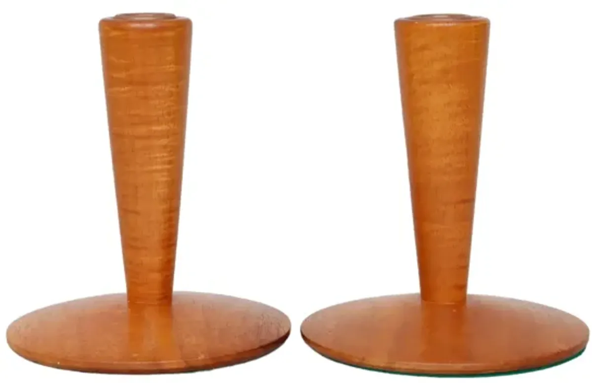 Mid Century Teak Candlestick Holders - Brown