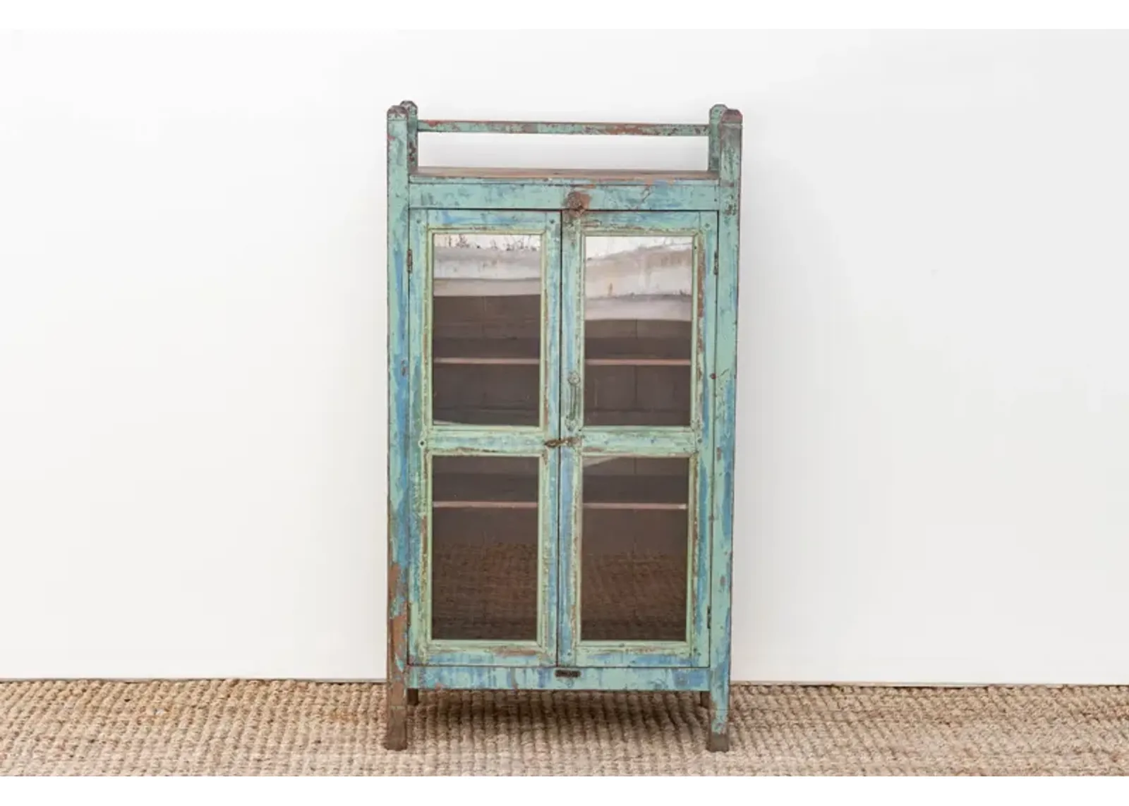 Antique Colonial Blue Glass Cabinet - Brown