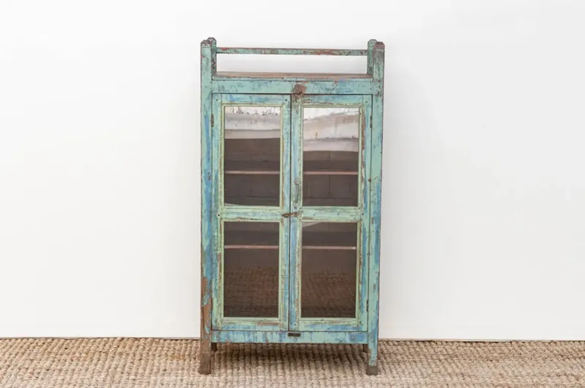 Antique Colonial Blue Glass Cabinet - Brown