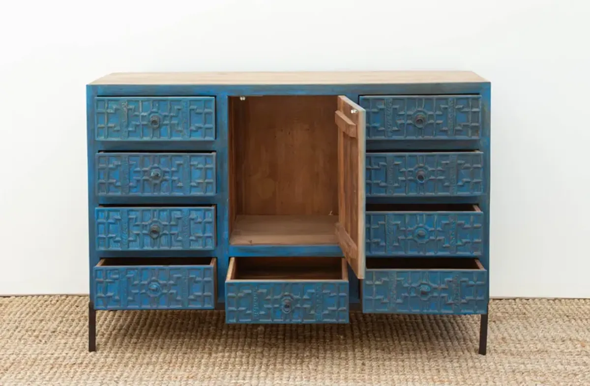 Carved Painted Blue Vargueño Dresser