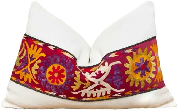 24" Bisan Antique Uzbek Suzani Linen Lumbar Pillow - de-cor