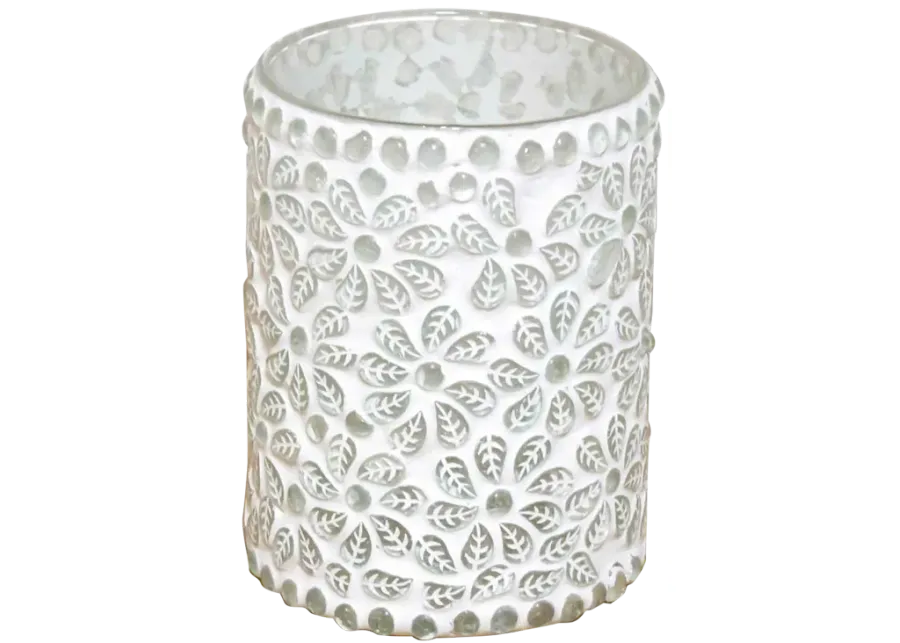 Floral White Mosaic Glass Tea Light Cand