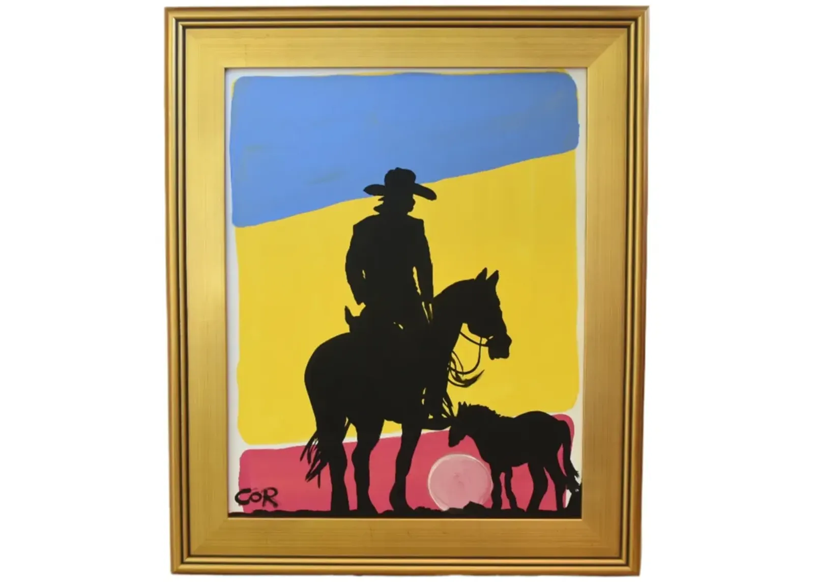 Cowboy & Horses Silhouette Oil Painting - Blue