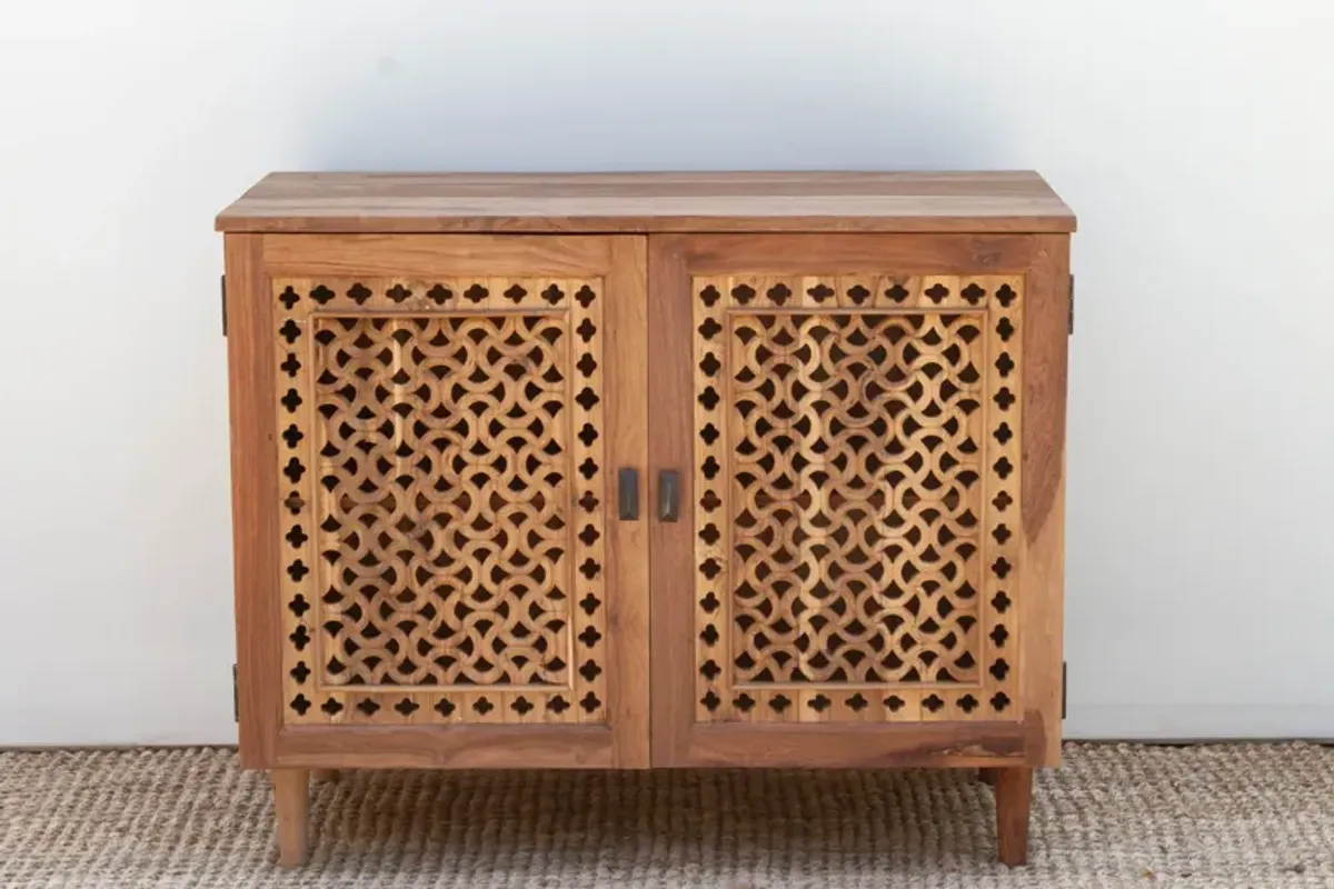 Mid-Century Style Carved Jali Cabinet - Brown