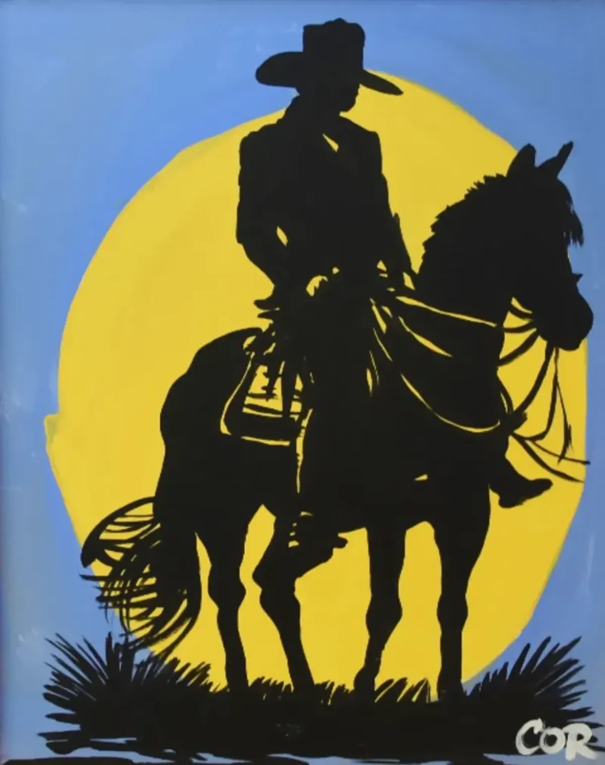 Cowboy - Horse & Sun Silhouette Painting - Blue