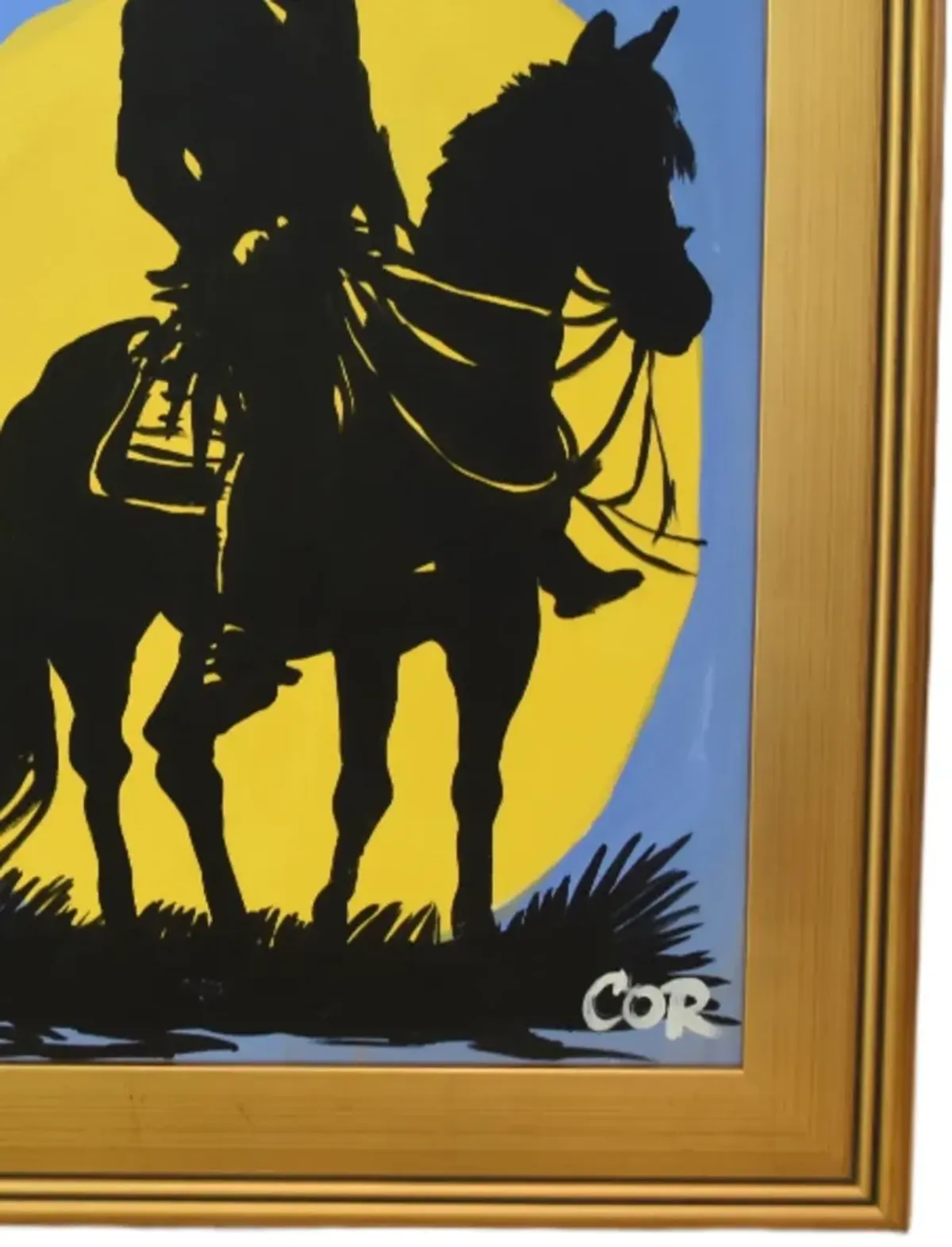 Cowboy - Horse & Sun Silhouette Painting - Blue