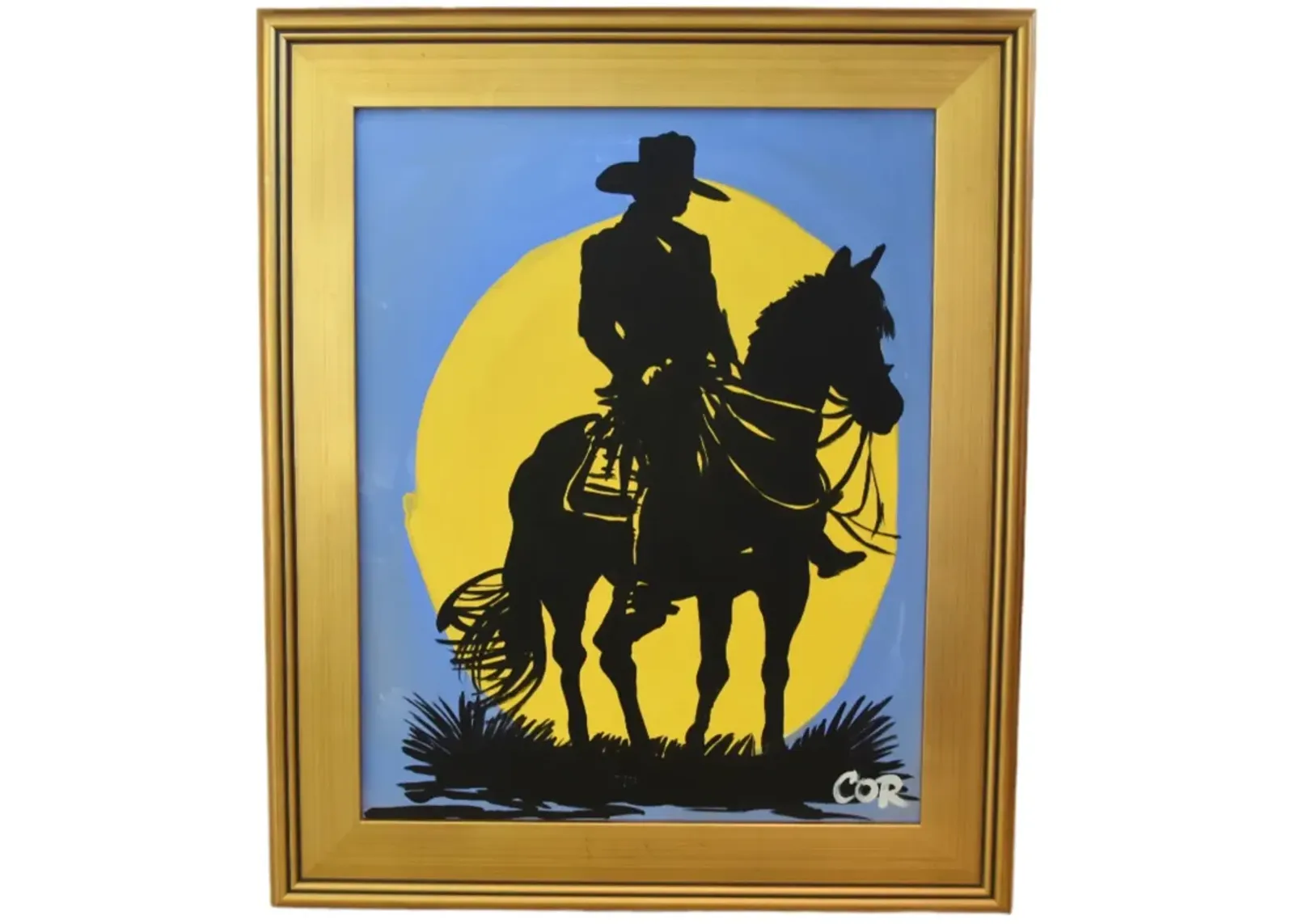 Cowboy - Horse & Sun Silhouette Painting - Blue