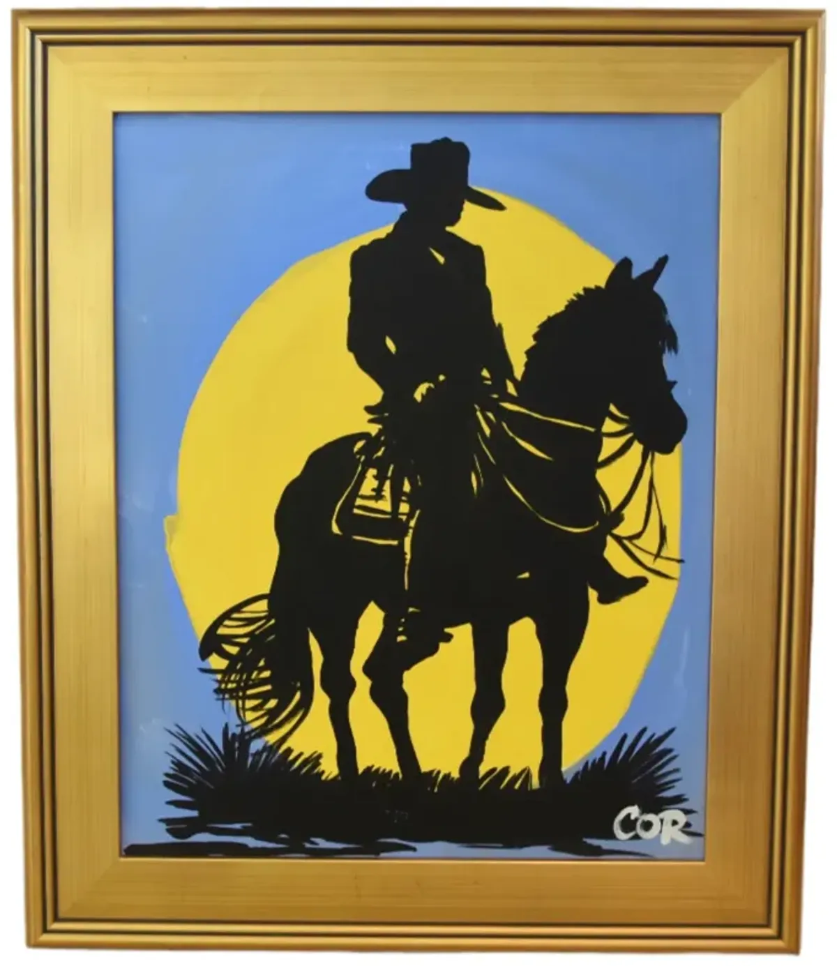 Cowboy - Horse & Sun Silhouette Painting - Blue