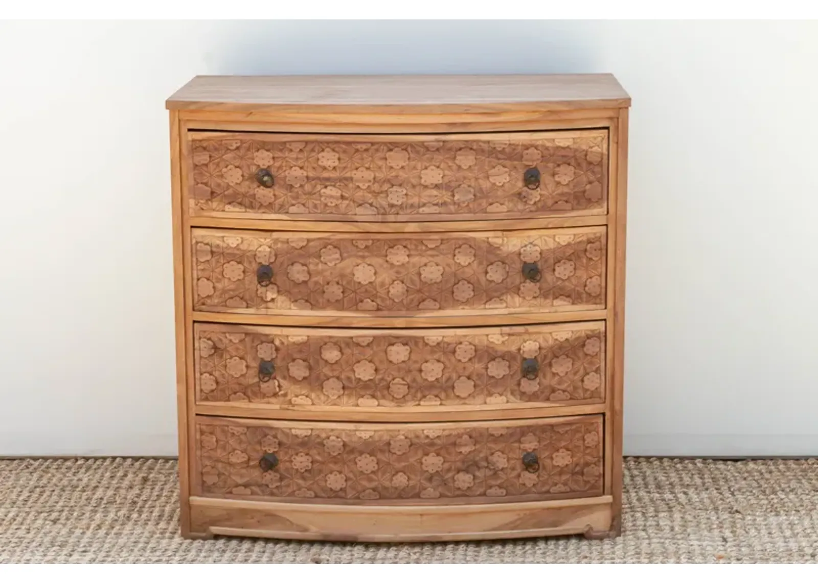 Bow Front Finely Carved Teak Dresser - Handcrafted