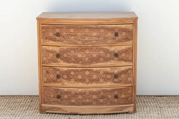 Bow Front Finely Carved Teak Dresser - Handcrafted