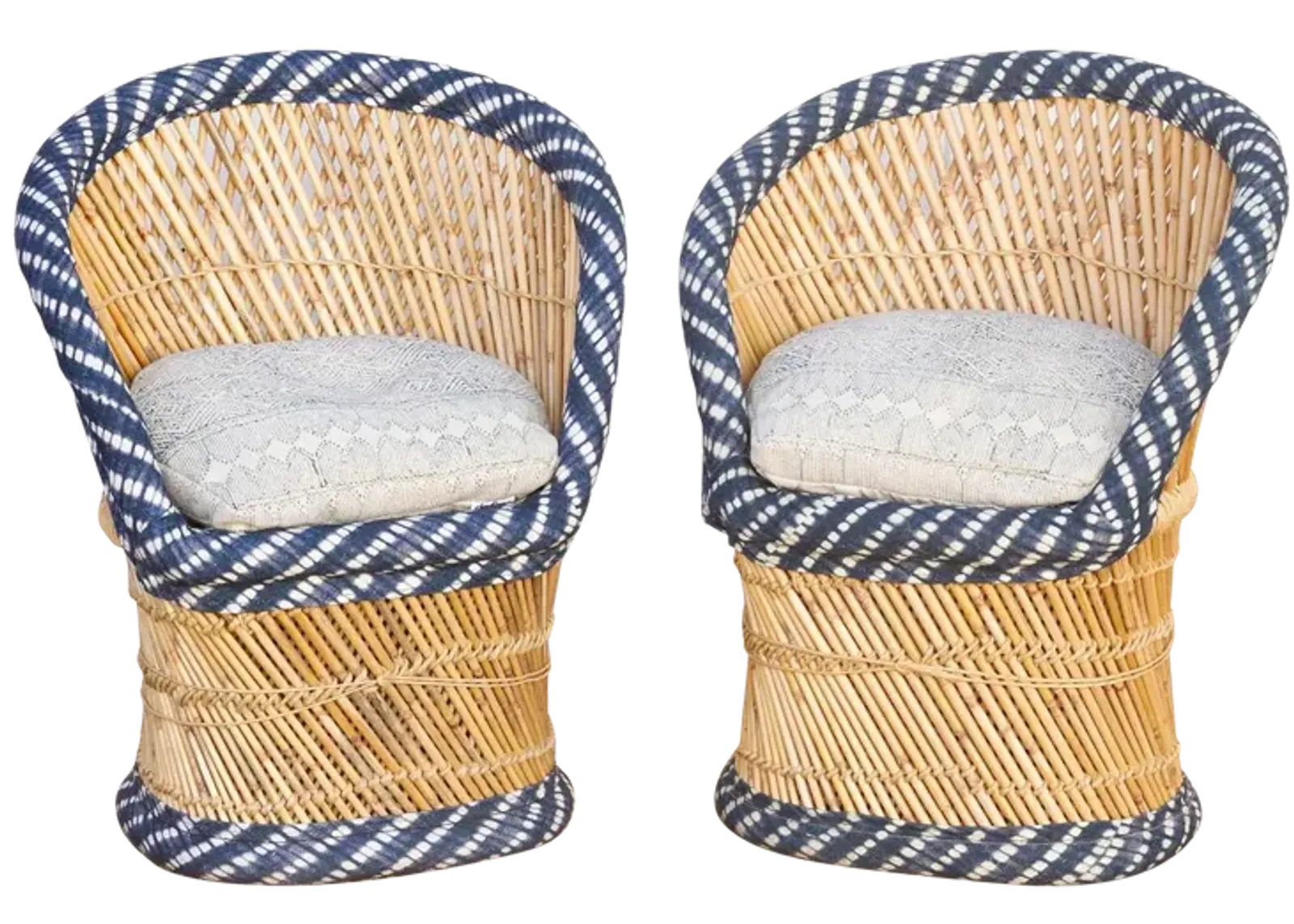 Pair of Blue & White Bamboo Chairs - Handcrafted