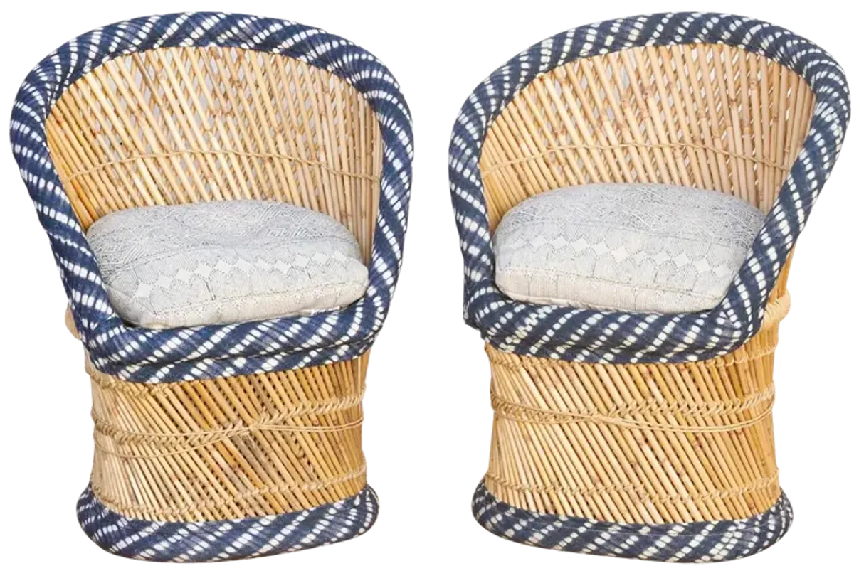 Pair of Blue & White Bamboo Chairs - Handcrafted