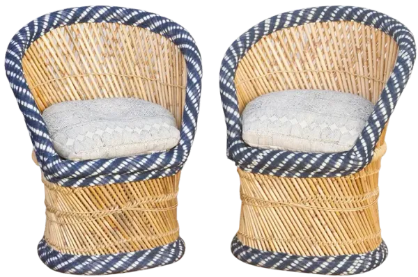 Pair of Blue & White Bamboo Chairs - de-cor - Handcrafted