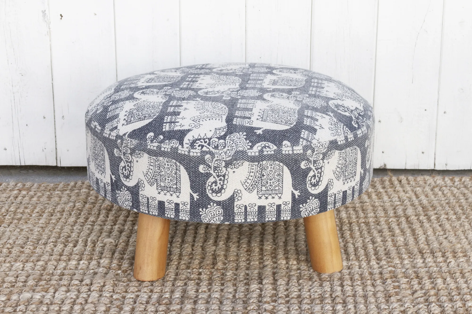 Blue & White Elephant Dhurrie Ottoman