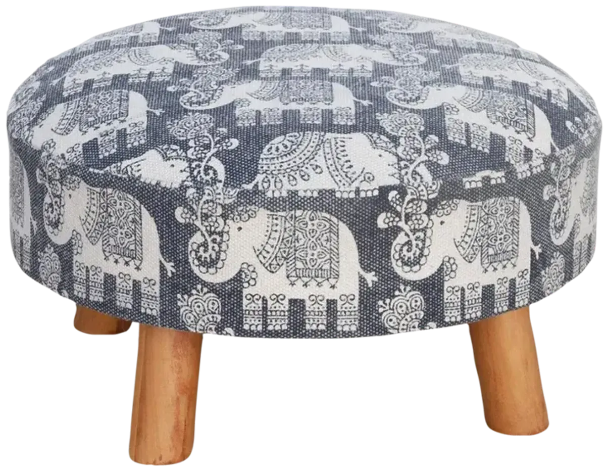 Blue & White Elephant Dhurrie Ottoman - de-cor