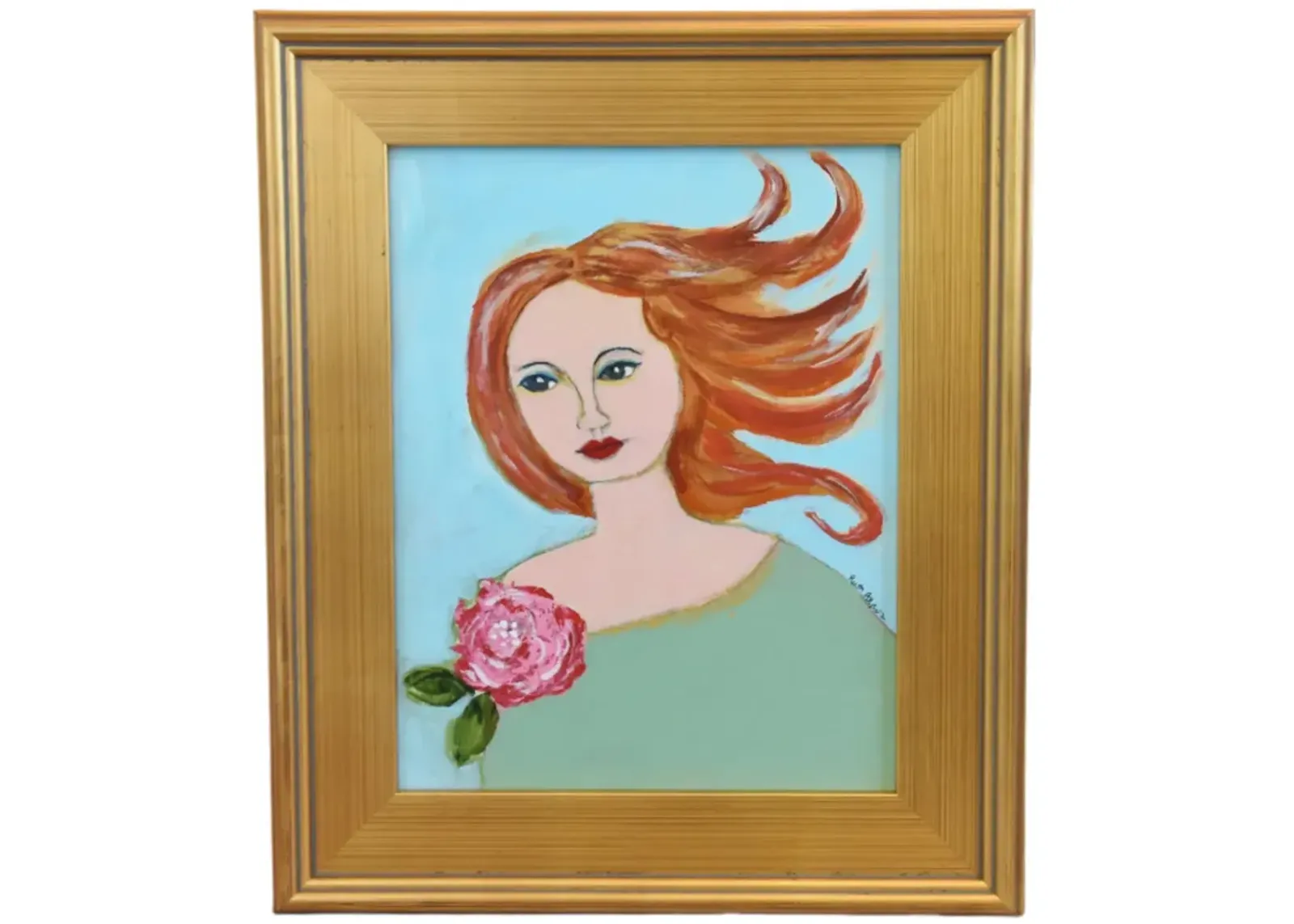 Chic Woman Portrait Flowing Red Hair - Blue