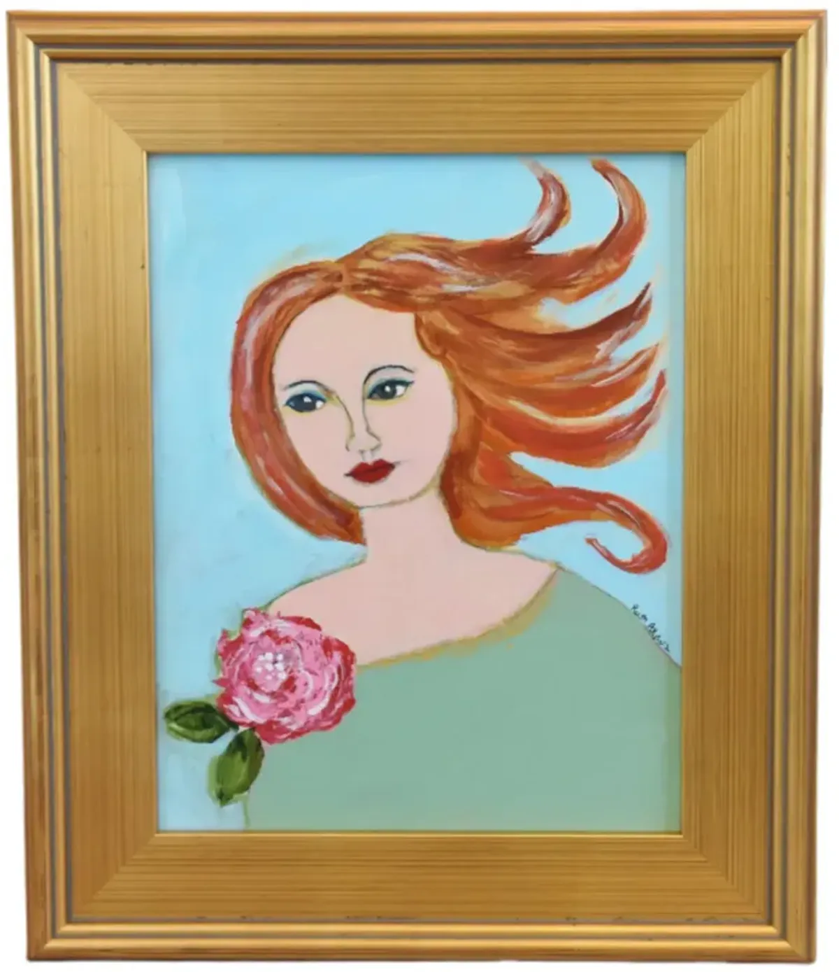 Chic Woman Portrait Flowing Red Hair - Blue