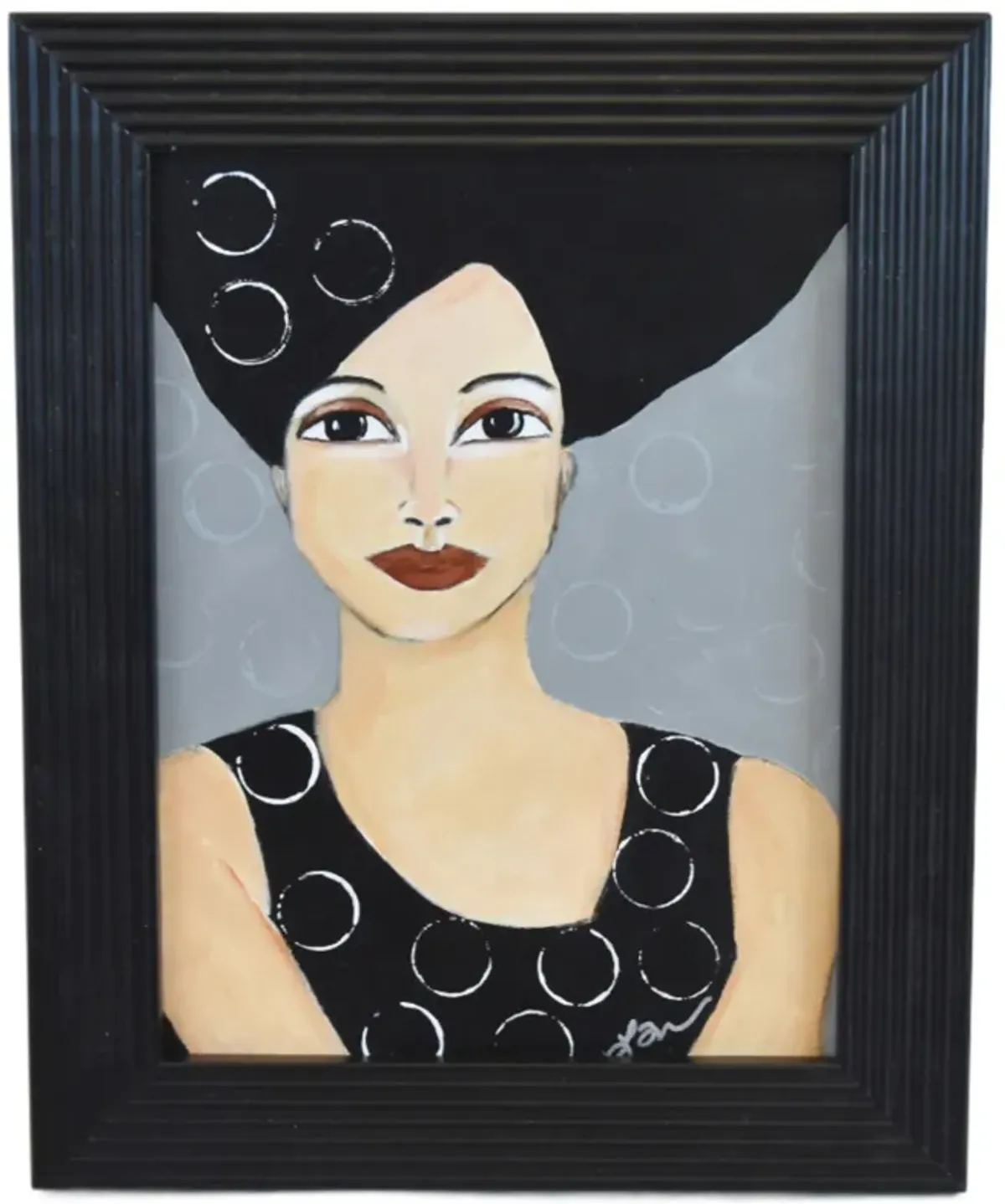 Dark Haired Woman Portrait Painting - Black