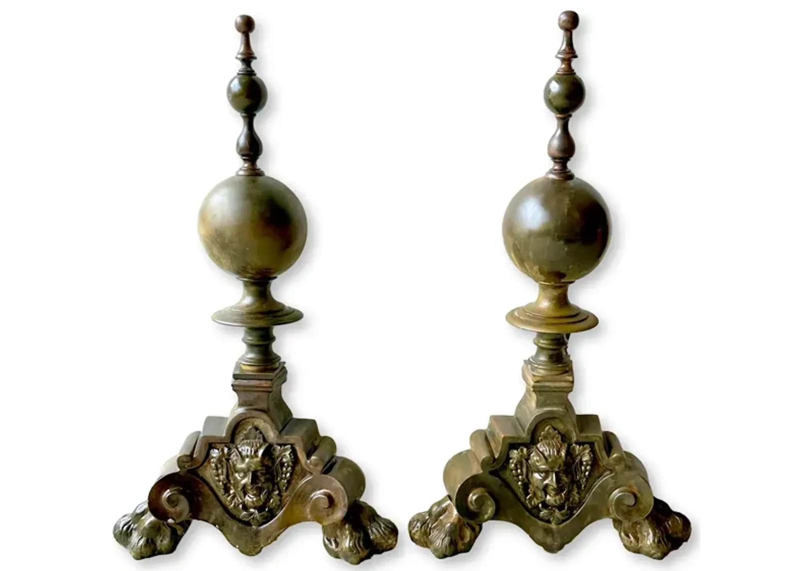 Antique French Bacchus Bronze Andirons