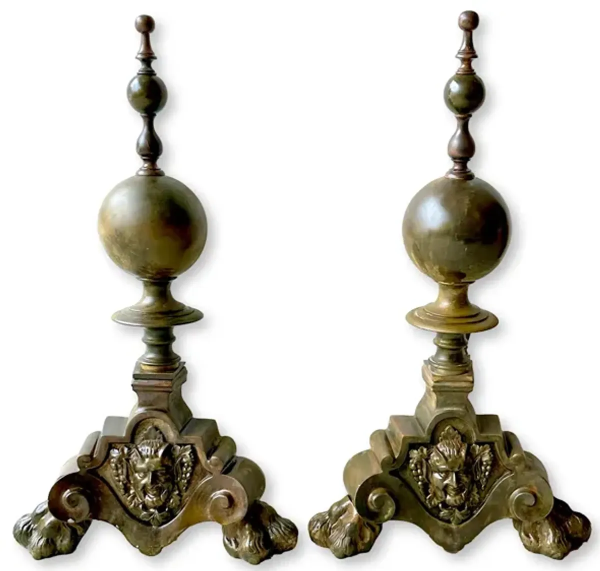 Antique French Bacchus Bronze Andirons