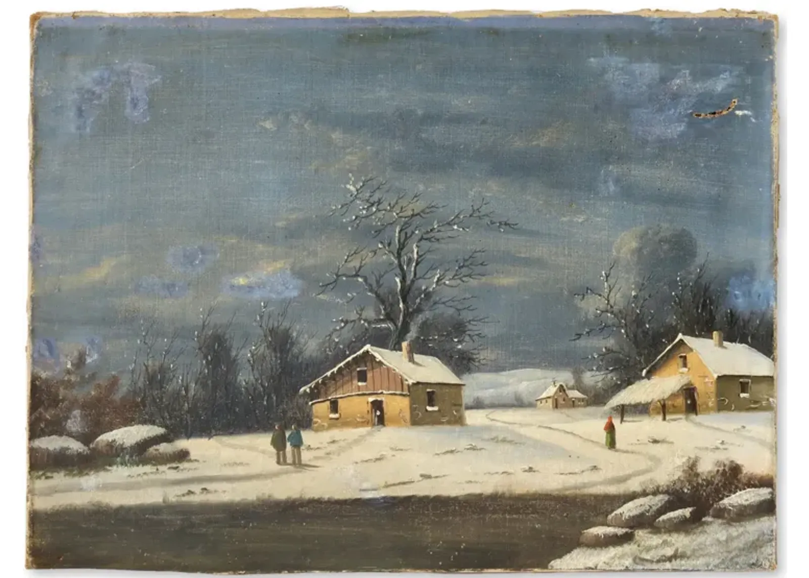 Antique French Winter Farm Oil on Canvas - Blue