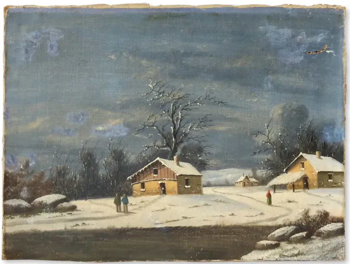 Antique French Winter Farm Oil on Canvas - Blue