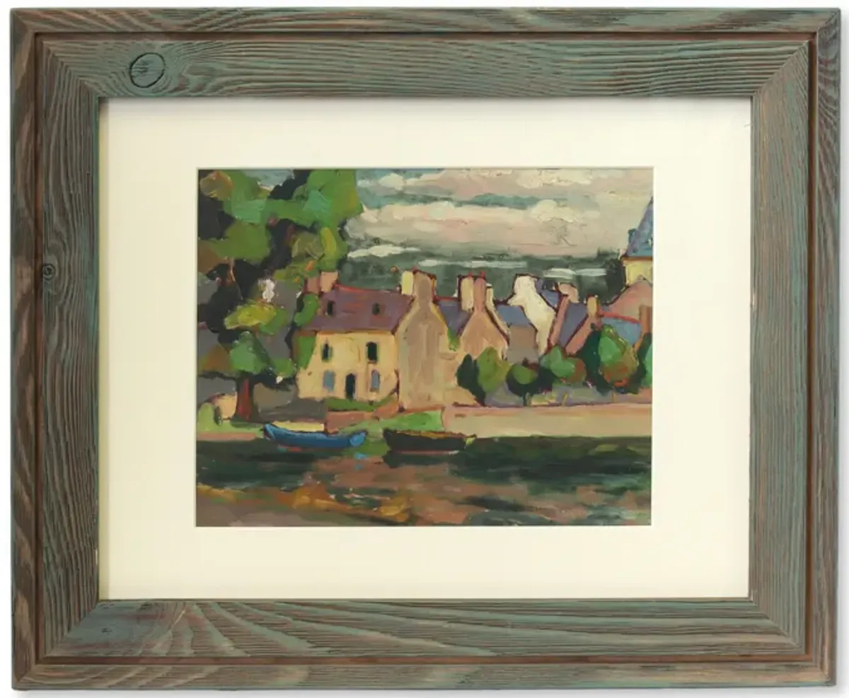 Limited Edition - French Village on River Painting - Brown