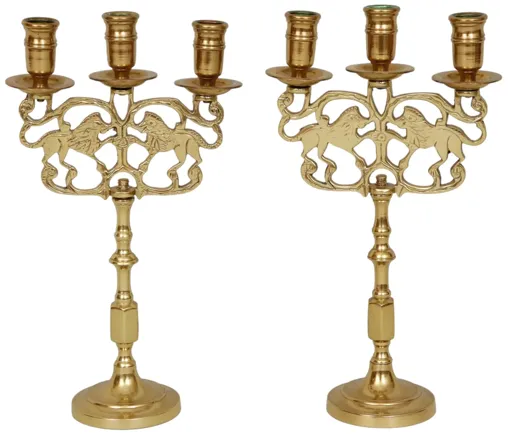 Brass Lions of Judah Shabbat Candelabra - Gold