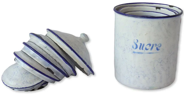 1920s French Enameled Kitchen Canisters - Blue