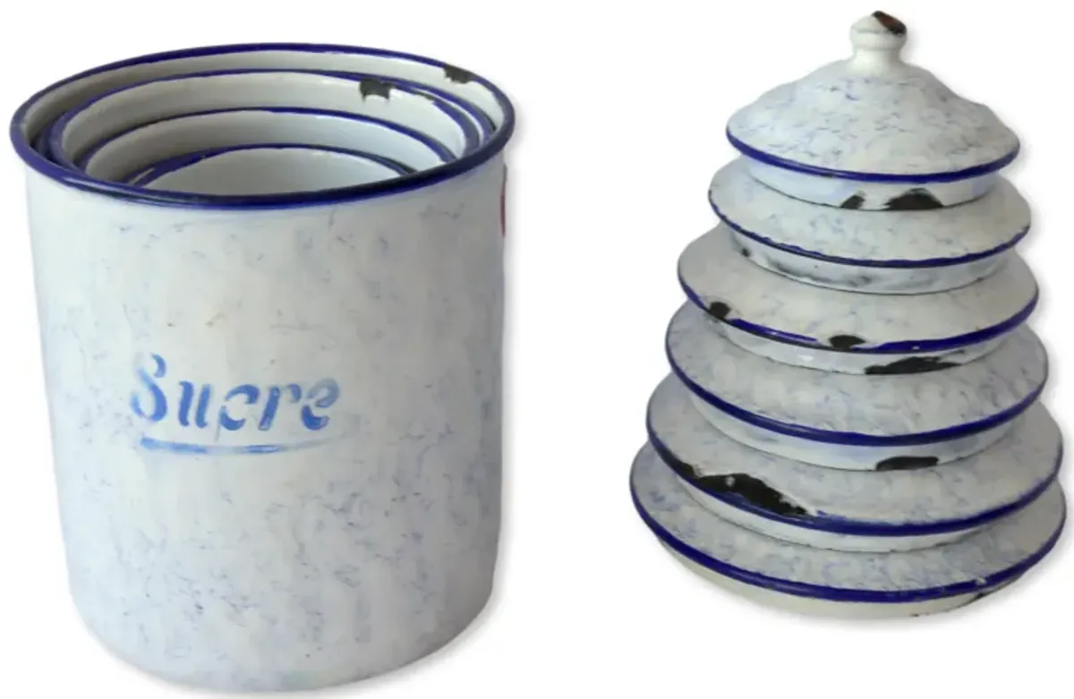 1920s French Enameled Kitchen Canisters - Rose Victoria - Blue