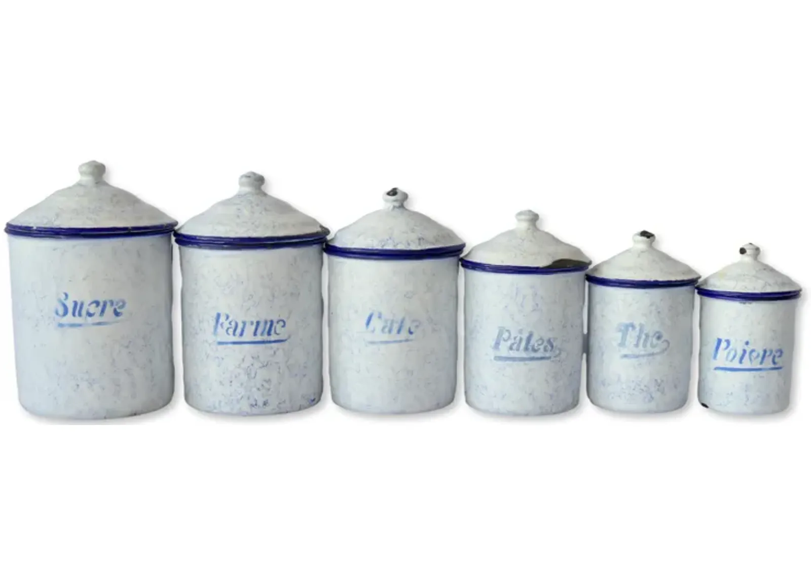 1920s French Enameled Kitchen Canisters - Blue