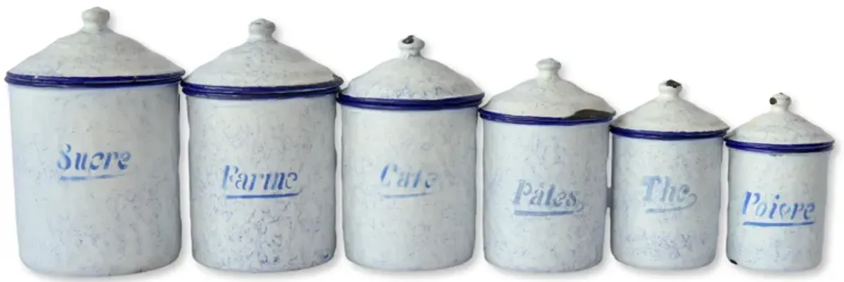 1920s French Enameled Kitchen Canisters - Rose Victoria - Blue