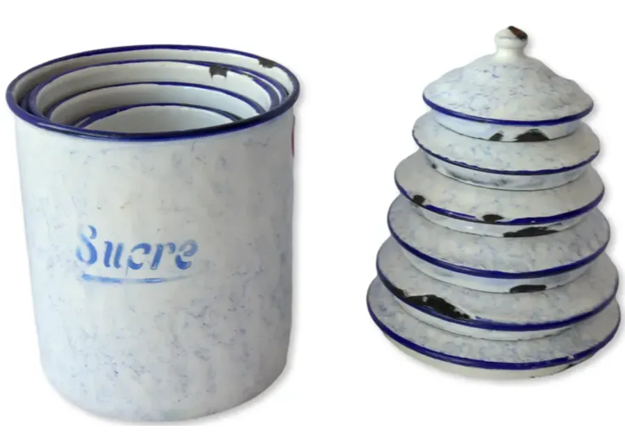 1920s French Enameled Kitchen Canisters - Blue