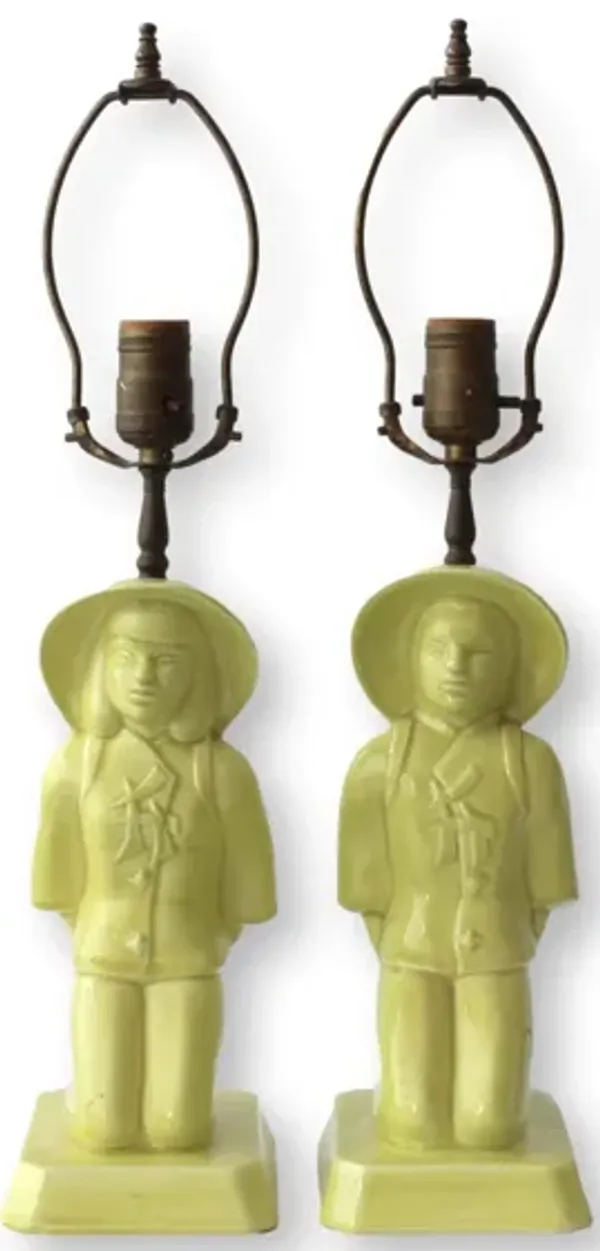 1950s Chinoiserie Man & Woman Lamps - Rose Victoria - Yellow