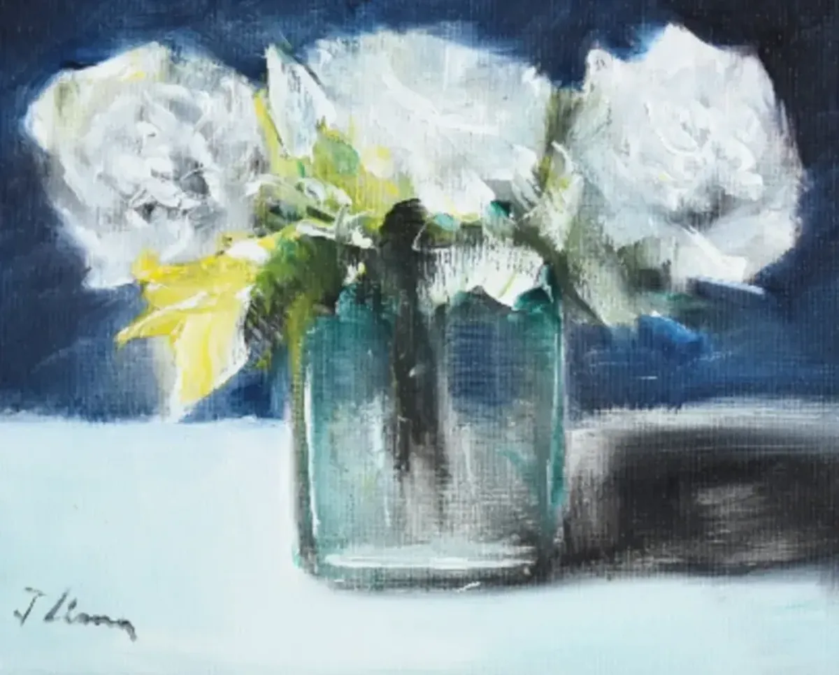 White Roses Bouquet Flowers Oil Painting - Black