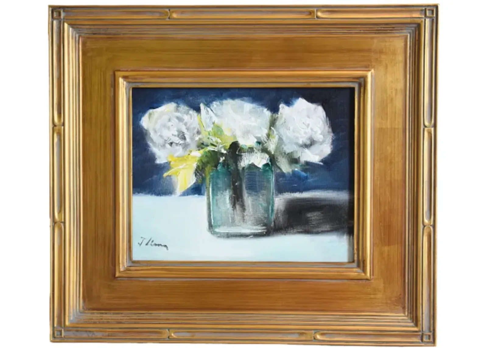 White Roses Bouquet Flowers Oil Painting - Black