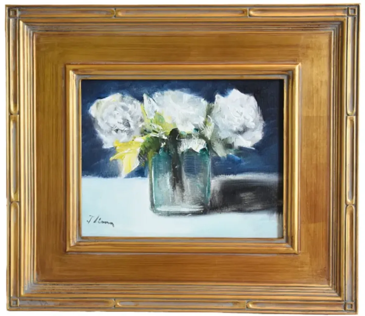 White Roses Bouquet Flowers Oil Painting - Black