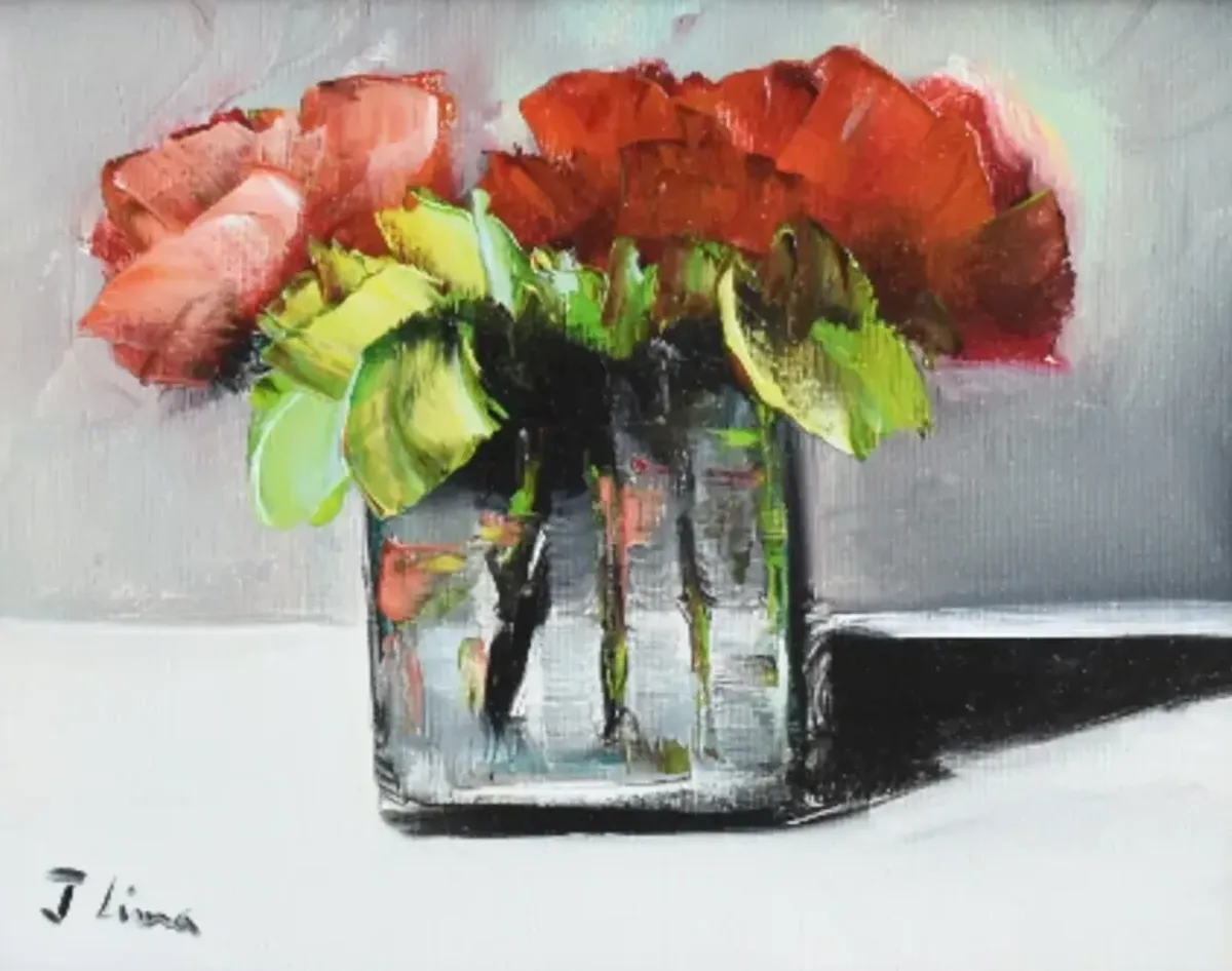 Red Roses Bouquet Flowers Oil Painting - Grey