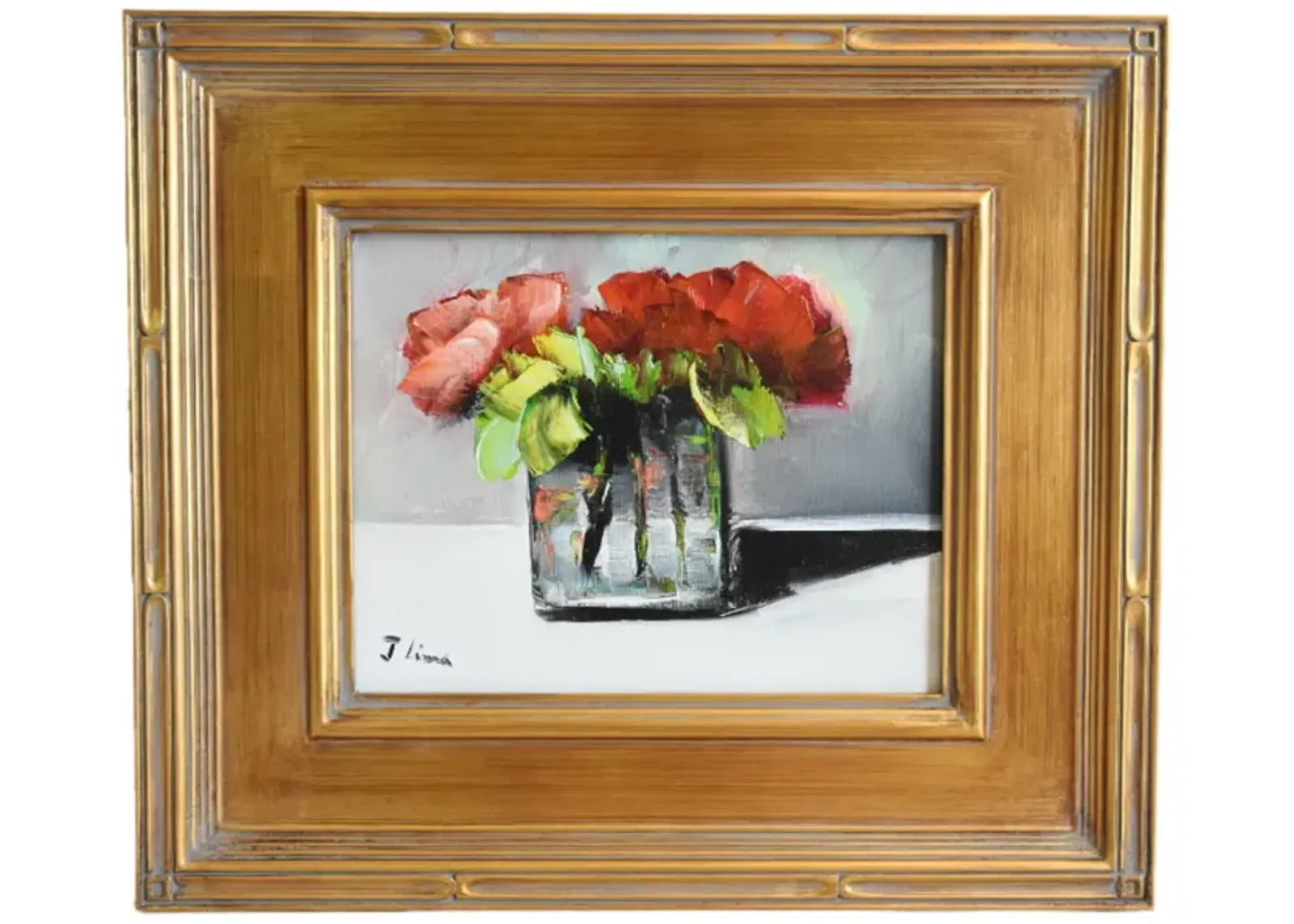 Red Roses Bouquet Flowers Oil Painting - Grey