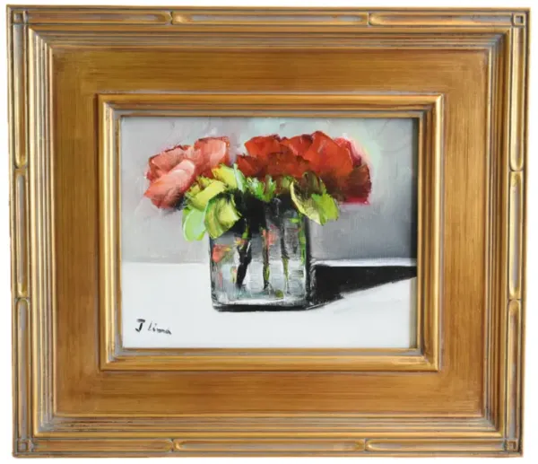 Red Roses Bouquet Flowers Oil Painting - Gray