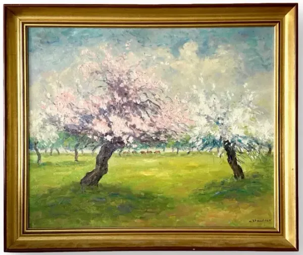 Midcentury French Landscape Painting - Rose Victoria - Blue